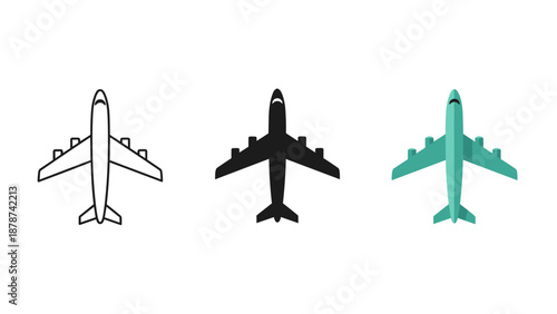 Airplane icons in black white and green on plain background for travel design