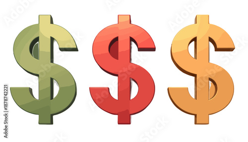 Símbolos de dólar tridimensionales en tonos verde, rojo y naranja sobre fondo blanco aislado.