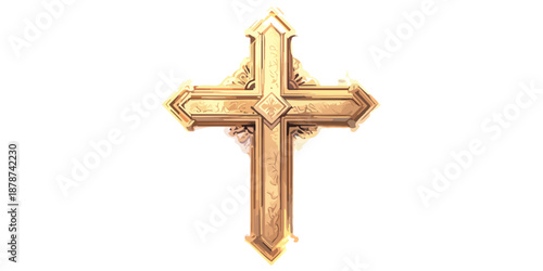 Crucifijo dorado ornamentado con fondo blanco aislado, símbolo religioso cristiano de fe y devoción.