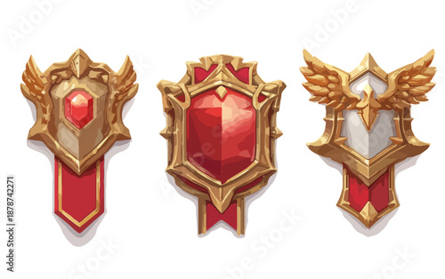 Conjunto de tres insignias doradas y rojas de prestigio con diseño de escudo para videojuegos o logros.