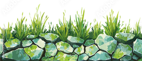 Muro de piedra rústico con hierba verde creciendo sobre él, ilustración con fondo transparente.