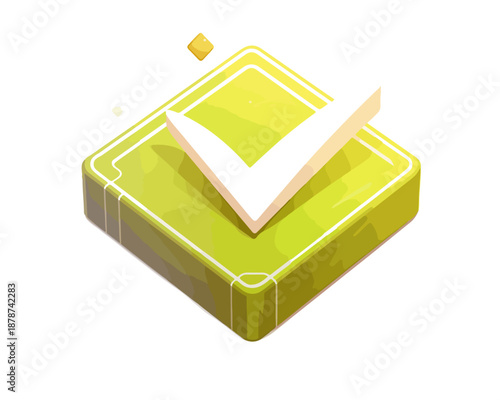 Símbolo isométrico de verificación o checkmark blanco sobre un bloque verde brillante con fondo transparente.