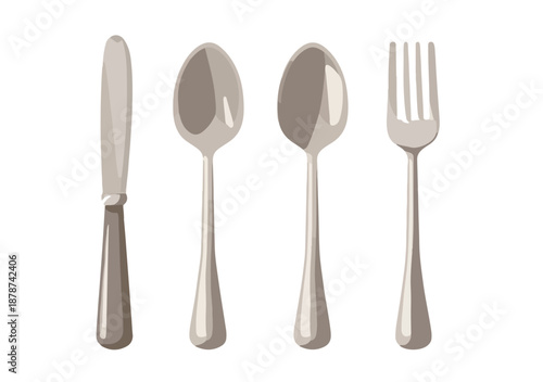 Juego de cubiertos metálicos plateados, cuchillo, dos cucharas y tenedor, aislado sobre fondo blanco.