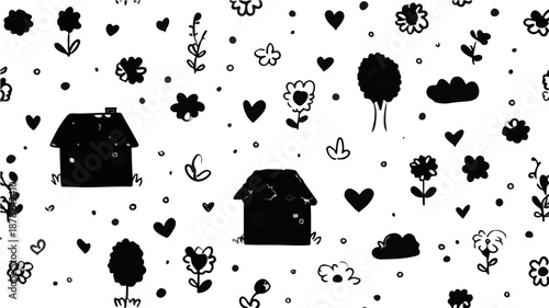 Patrón repetitivo dibujado a mano con siluetas negras de casas, flores, corazones y árboles sobre fondo blanco aislado.