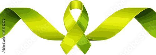 Lazo de conciencia verde brillante ondulado aislado sobre fondo blanco, símbolo de apoyo y esperanza.