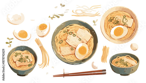 Ilustración acuarela de ramen japonés con huevo, carne de cerdo y fideos, fondo transparente para diseño