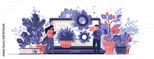 Personas trabajando en desarrollo de software y configuración de sistemas con elementos naturales de fondo.