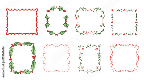 Colección de ocho marcos y bordes navideños dibujados a mano con motivos de acebo y bayas sobre fondo blanco.