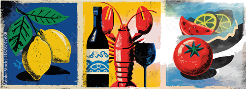 Ilustración vibrante de mariscos, frutas cítricas, vino y tomate en estilo collage artístico