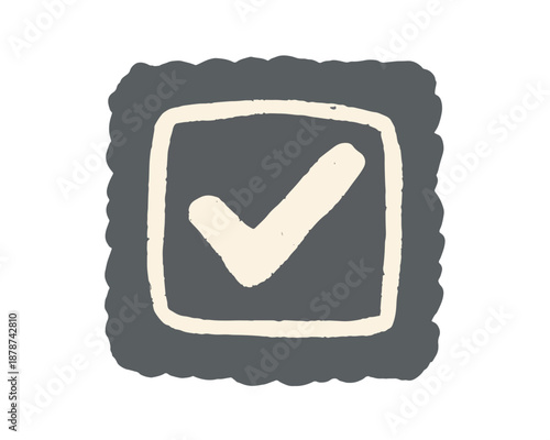 Icono dibujado a mano de marca de verificación en casilla oscura con fondo transparente, símbolo de aprobación.