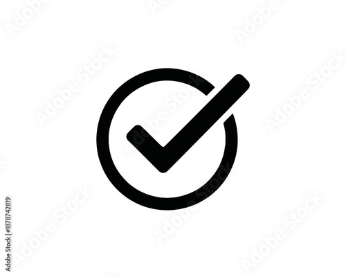 Símbolo de marca de verificación negra dentro de un círculo, icono minimalista para confirmar o aceptar tareas.