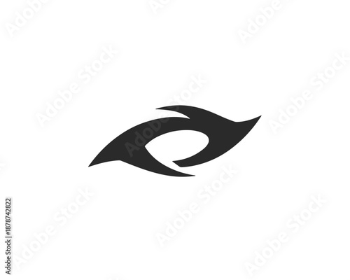 Símbolo abstracto oscuro con forma de ojo estilizado o llama, aislado sobre fondo blanco, diseño moderno.