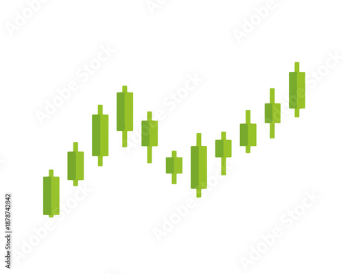 Gráfico de velas japonesas verde ascendente sobre fondo transparente, ilustración de análisis financiero y bursátil.
