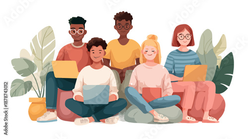 Grupo diverso de jóvenes estudiantes o profesionales trabajando juntos con computadoras portátiles sobre fondo blanco