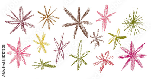 Conjunto de estrellas dibujadas a mano con crayón en tonos pastel sobre fondo transparente para diseño.