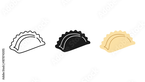 Three empanada icons in black white and yellow on plain white background