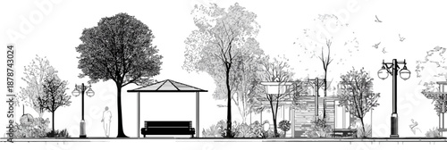 Dibujo lineal monocromático de una parada de autobús y árboles en un entorno urbano con fondo transparente.