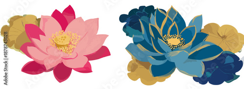 Ilustración vectorial de dos flores de loto estilizadas, una rosa y otra azul, con detalles dorados sobre fondo blanco.