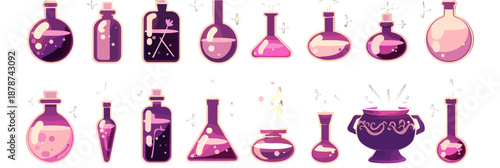 Colección de frascos y pociones mágicas de bruja con líquido púrpura brillante sobre fondo transparente.