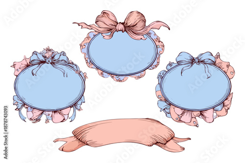 Conjunto de tres marcos ovalados azules con lazos y volantes rosas, diseño vintage dibujado a mano.