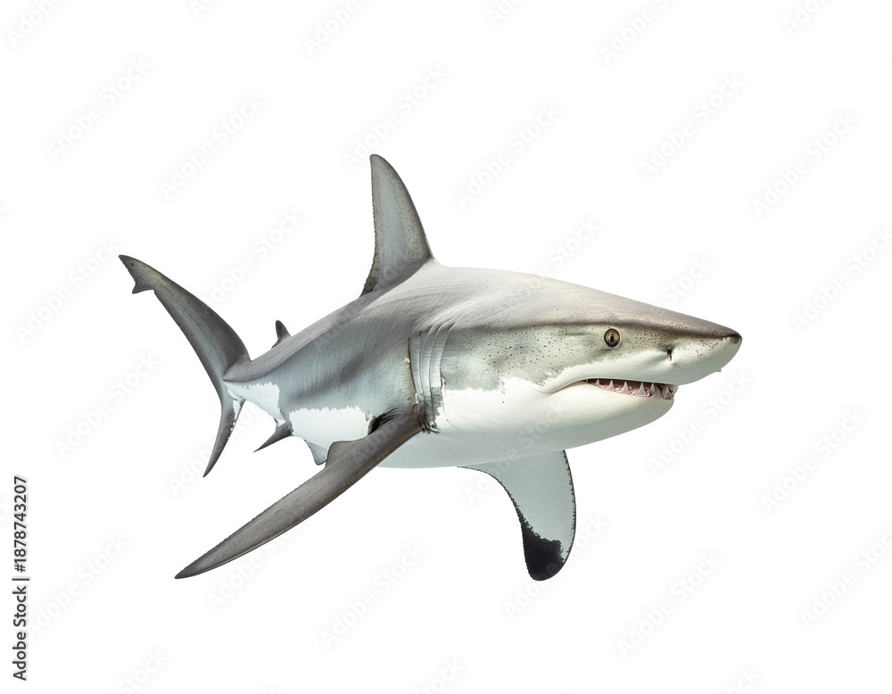 Fototapeta premium Fresh metallic gray shark in mid-swim with open mouth and sharp teeth, dynamic marine predator imagery