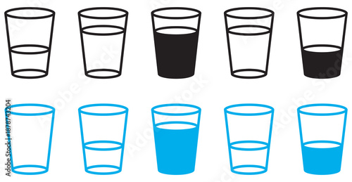 Water glass icon vector set, blue and black flat outline, including tall, full, half, empty glasses, milk and water symbols.