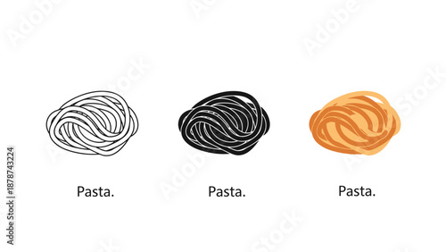 Three types of pasta on a white background black white and orange