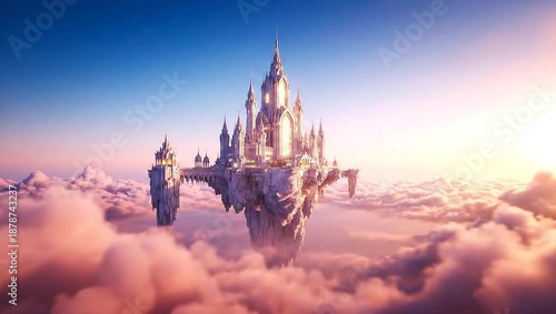 Majestic Fantasy Castle Floating Above Dreamy Pink Clouds at Golden Hour.