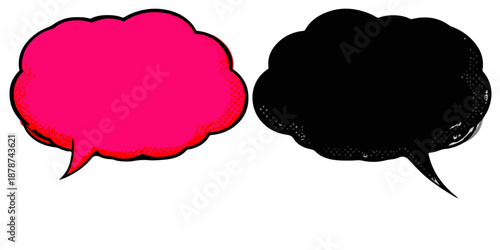 Dois balões de fala, um rosa vibrante e outro preto, isolados sobre fundo transparente para anotações.