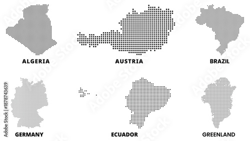 Pixel Algeria, Austria, Brazil, Germany, Ecuador and Greenland maps. Black halftone dotted country icon. Vector illustration.