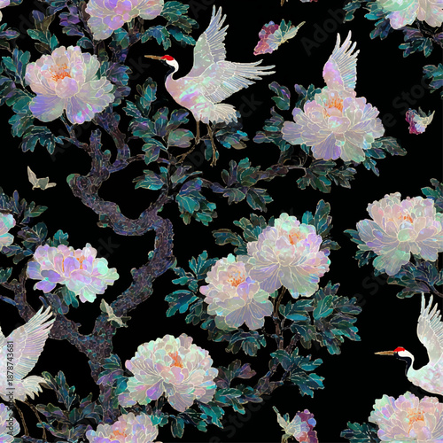 Seamless luxury Korean traditional mother of pearl lacquerware pattern with iridescent peonies and cranes on black background (검은 배경 위 영롱한 모란과 학이 있는 럭셔리 한국 전통 나전칠기 연속 패턴)