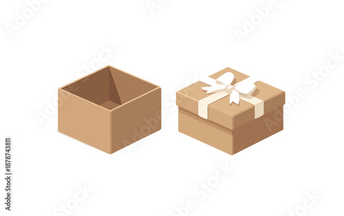 Caixa de presente de papelão aberta e fechada com laço branco, isolada em fundo transparente.