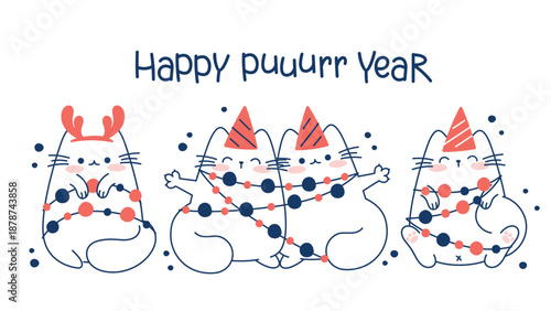 Draw funny cats with garlands for christmas and winter character collection funny cats for Christmas and New year. Doodle cartoon style.