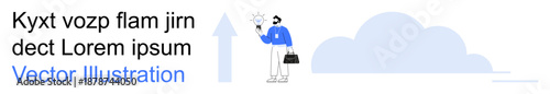 Business innovation, growth strategies, data analysis, professional leadership, creativity, idea development. A person holds a light bulb and briefcase with an upward arrow and cloud. Business growth