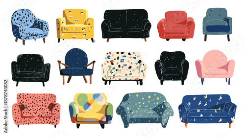 Coleção vetorial de sofás e poltronas coloridas com diferentes estampas e designs modernos isolados