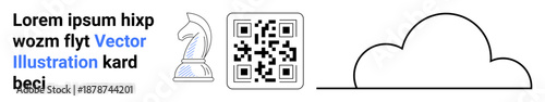 Artificial intelligence, digital marketing, data storage, tech strategy, innovation, branding design. QR code, knight and cloud outline with placeholder text. AI and digital marketing visuals