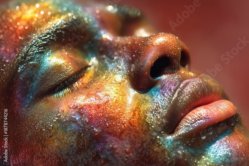 Close-up portrait of dark skinned woman with glowing colorful cosmic paint on face against dark background Concept of beauty and universe connection