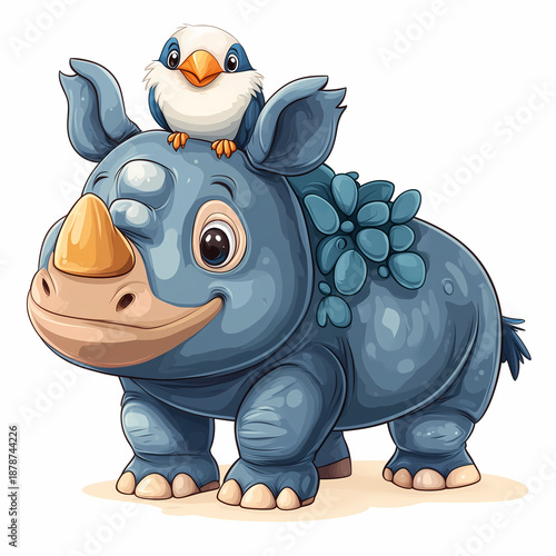 Cute cartoon rhino character waving in a fun wildlife illustration featuring a happy baby animal design for a safari zoo comic