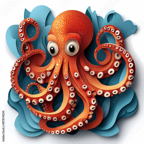 Vintage illustration of a floral octopus and fish in the sea with a heart symbol and dragon wave patterns in an ornamental tattoo art style