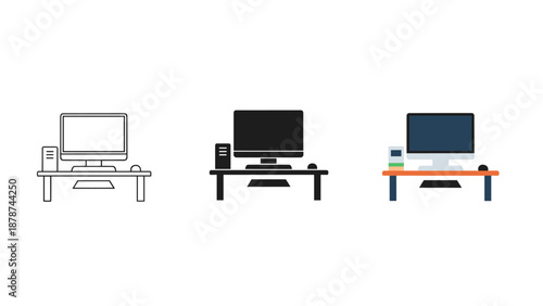 Computer setups with monitors and desks in different styles and colors