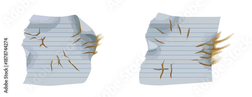 Ilustração de pedaços de papel amassado e queimado com fundo transparente, arte digital.