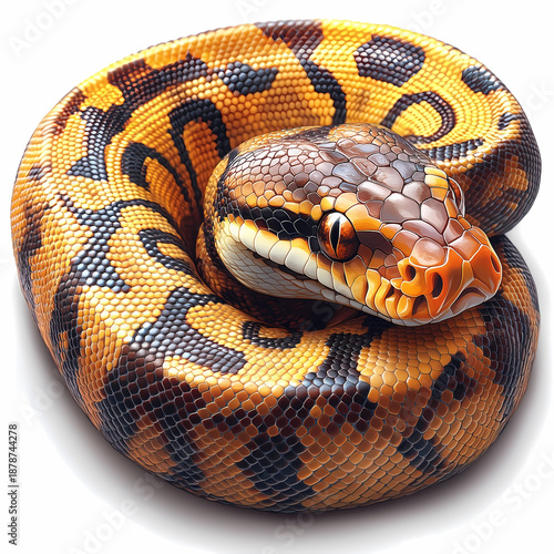 A closeup studio portrait of a dangerous wild ball python regius reptile with brown scales and distinct eyes isolated on a white background