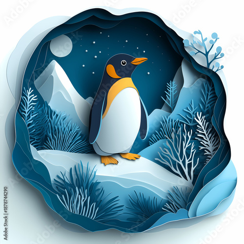 A cute cartoon illustration of a happy penguin on an iceberg in cold Antarctica eating ice cream surrounded by white snow and blue winter nature