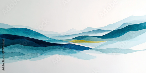 Serene watercolor landscape featuring layered blue and teal waves resembling misty mountains.