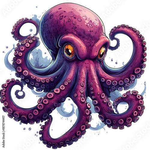 illustration of a purple octopus silhouette on a white background designed with floral butterfly patterns and carnival masquerade mask ornaments for a nature inspired tattoo or festival art