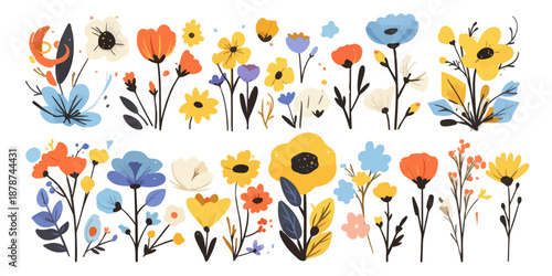 Conjunto vibrante de ilustrações botânicas de flores silvestres coloridas em estilo artístico com fundo transparente.
