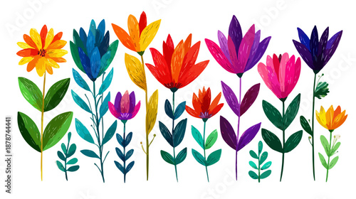 Ilustração vibrante de flores estilizadas com cores vivas e fundo transparente, arte botânica moderna.