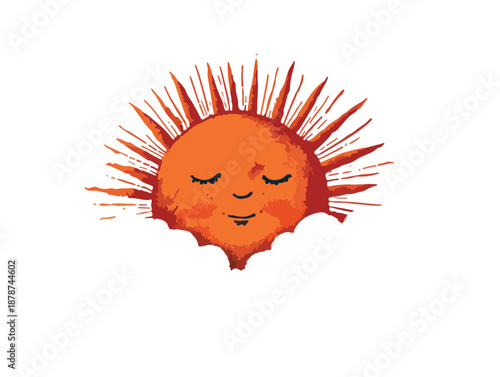 Ilustração fofa de sol laranja sorridente e dormindo sobre nuvens brancas em fundo transparente.