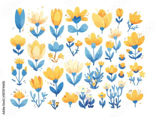 Coleção vibrante de ilustrações de flores estilizadas em tons de amarelo e azul sobre fundo transparente, arte botânica.