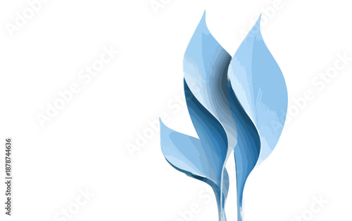 Design abstrato de folhas azuis estilizadas em vetor com fundo transparente, representando crescimento e natureza.